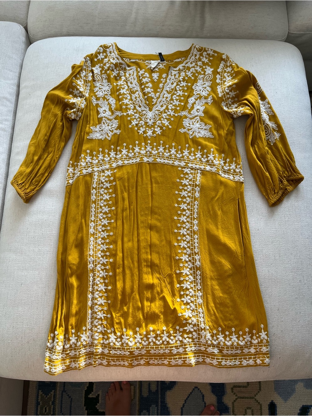 Anthropologie Mustard Yellow Embroidered V-Neck Long Sleeve Dress